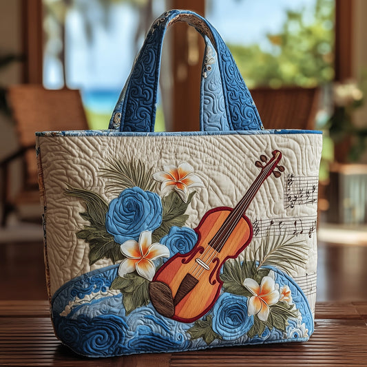 Violin Blue Flowers Quilted Tote