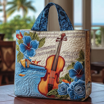 Violin Floral Music Notes Quilted Tote