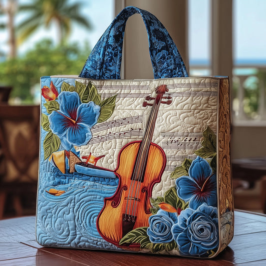 Violin Floral Music Notes Quilted Tote