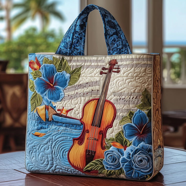 Violin Floral Music Notes Quilted Tote