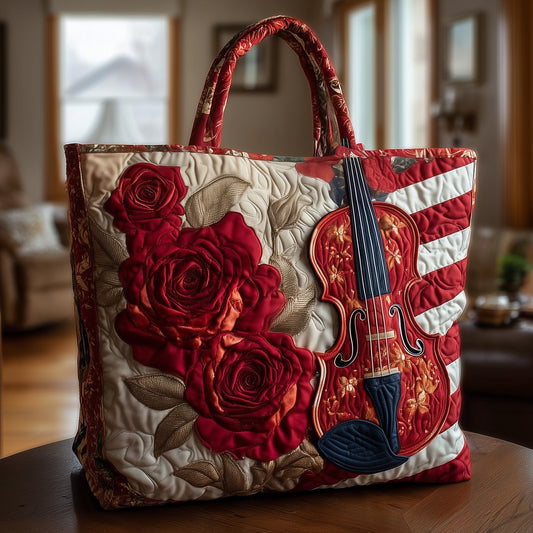 Violin Red Roses Quilted Tote