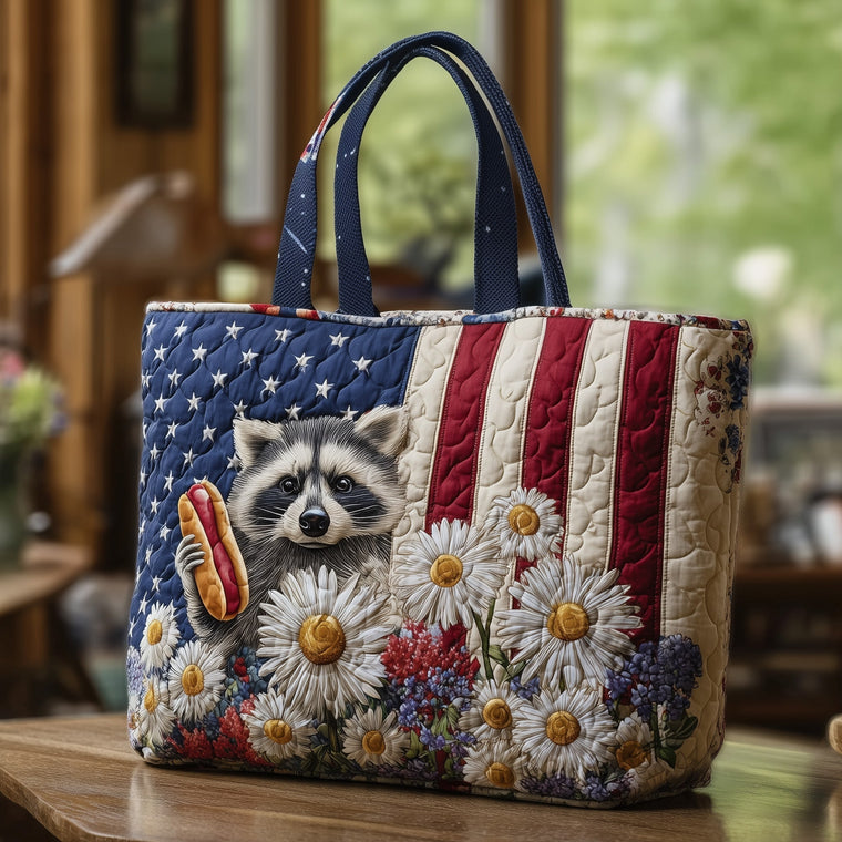 Raccoon American Flag Quilted Tote