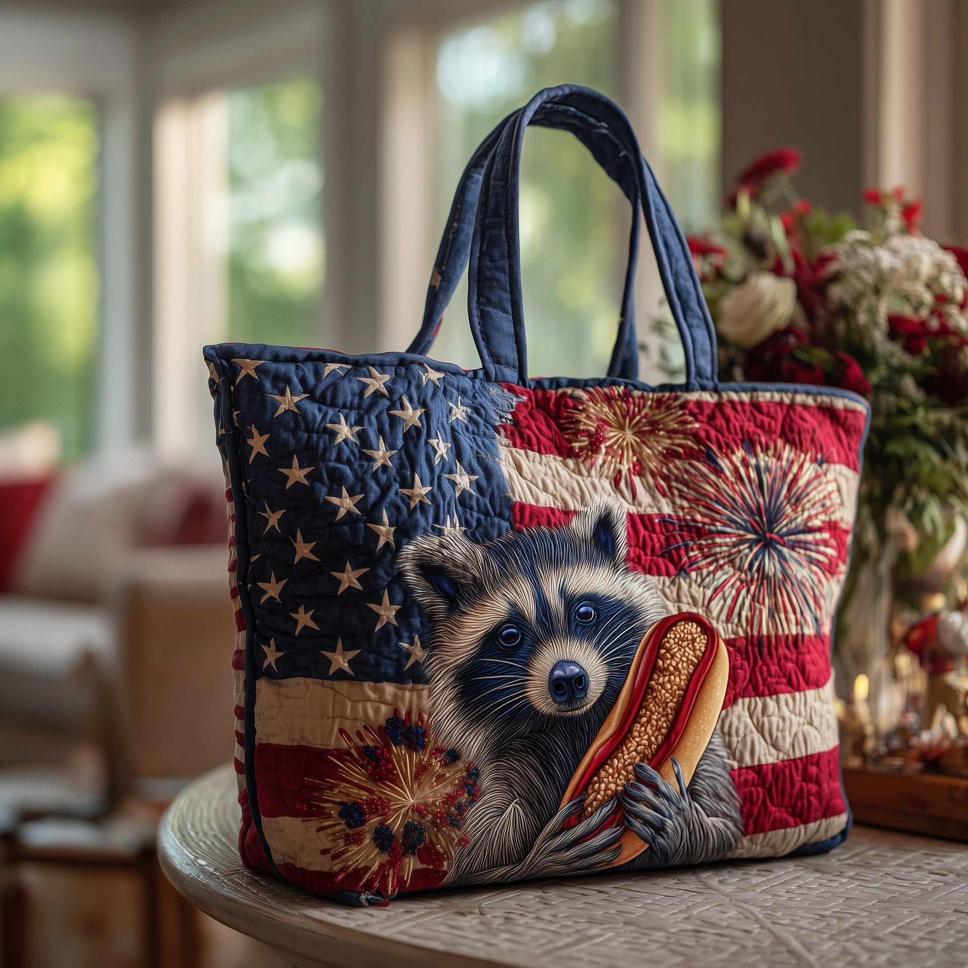 Raccoon Corn Fireworks Quilted Tote