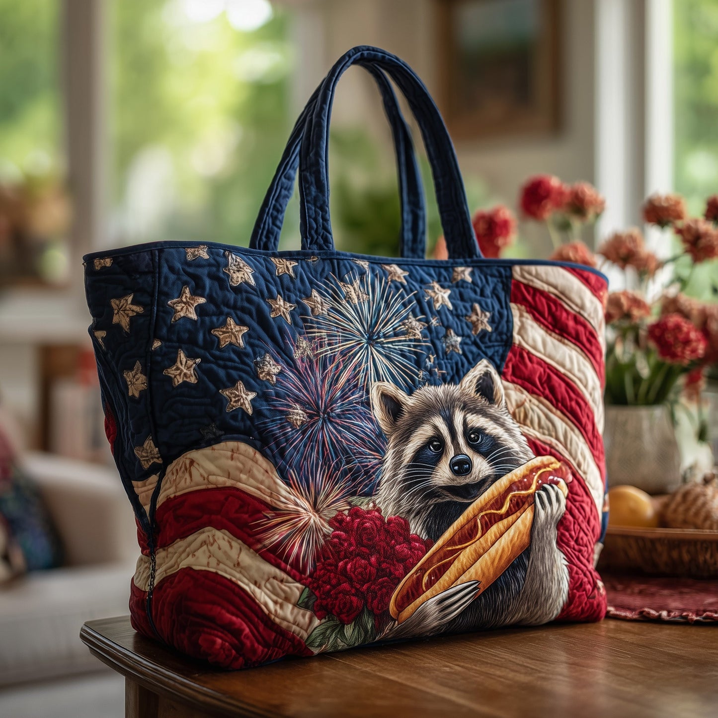Everyday Raccoon Fireworks Quilted Tote