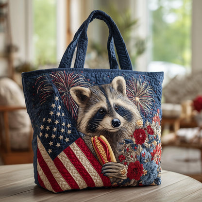 Raccoon Fireworks Flag Quilted Tote