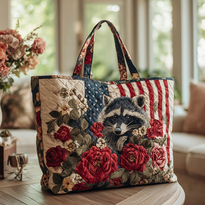 Raccoon Flag Flowers Quilted Tote