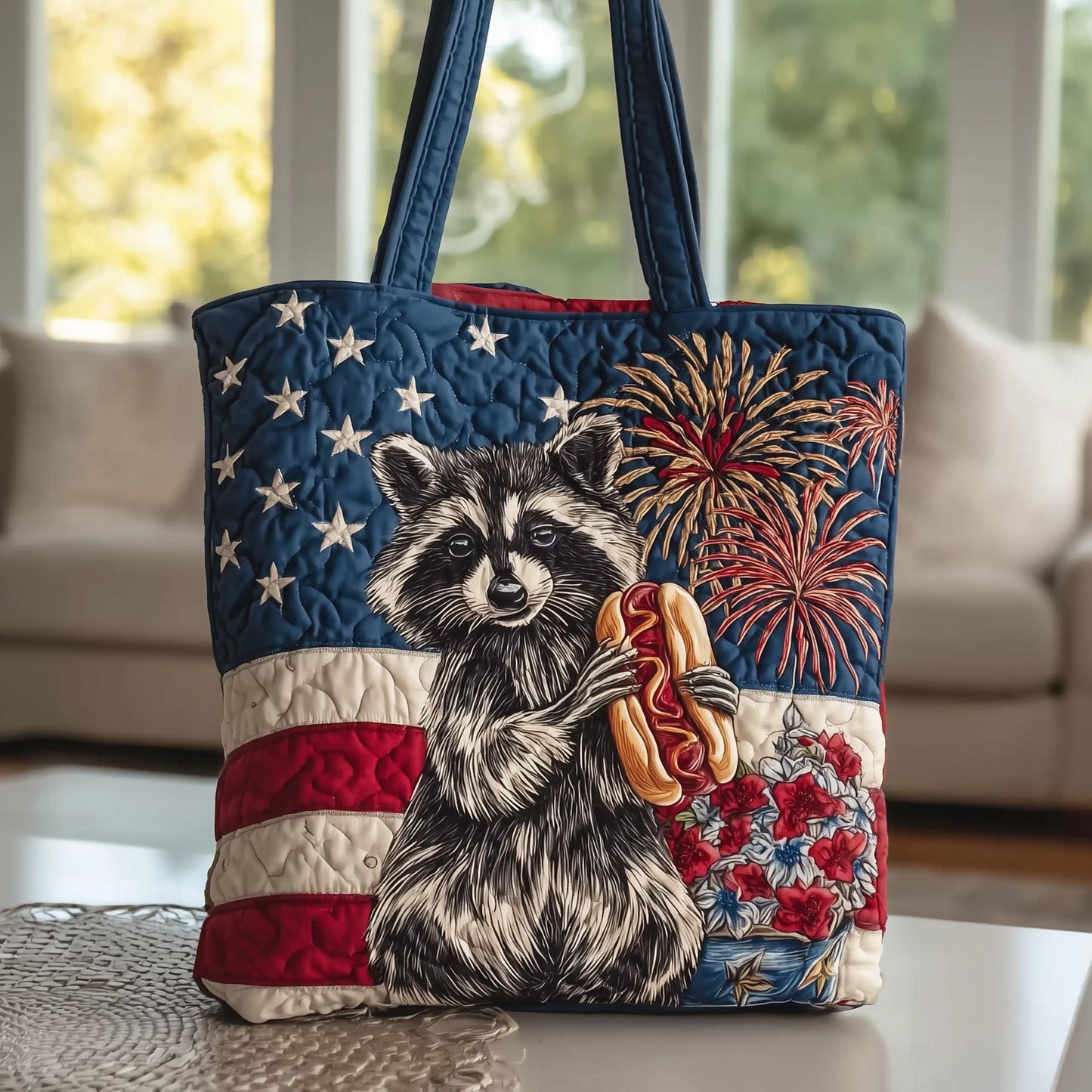 Everyday Patritotic Raccoon Quilted Tote