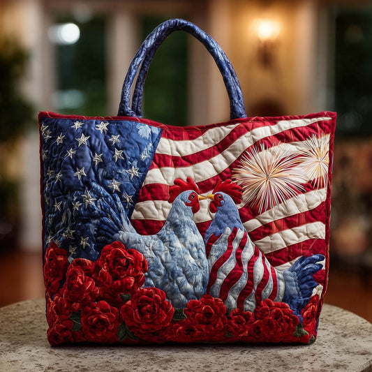 American Flag Chickens Roses Quilted Tote