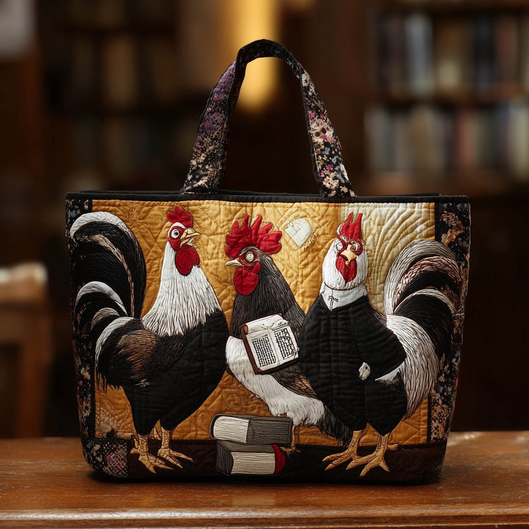 Roosters Faith Books Quilted Tote