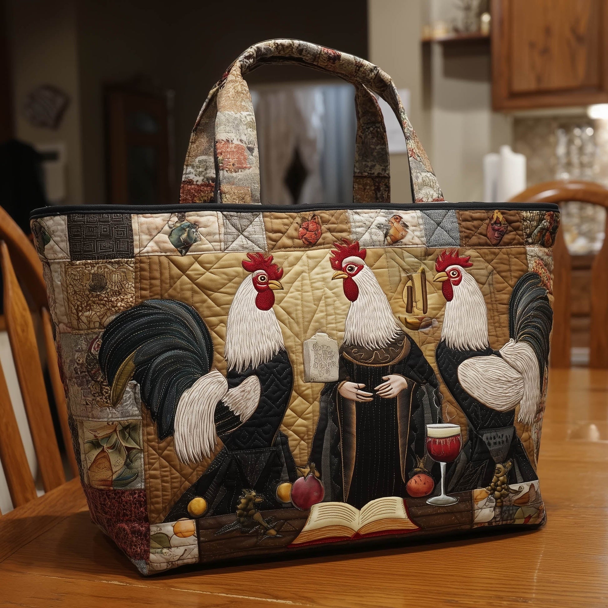 Roosters Farm Scene Quilted Tote