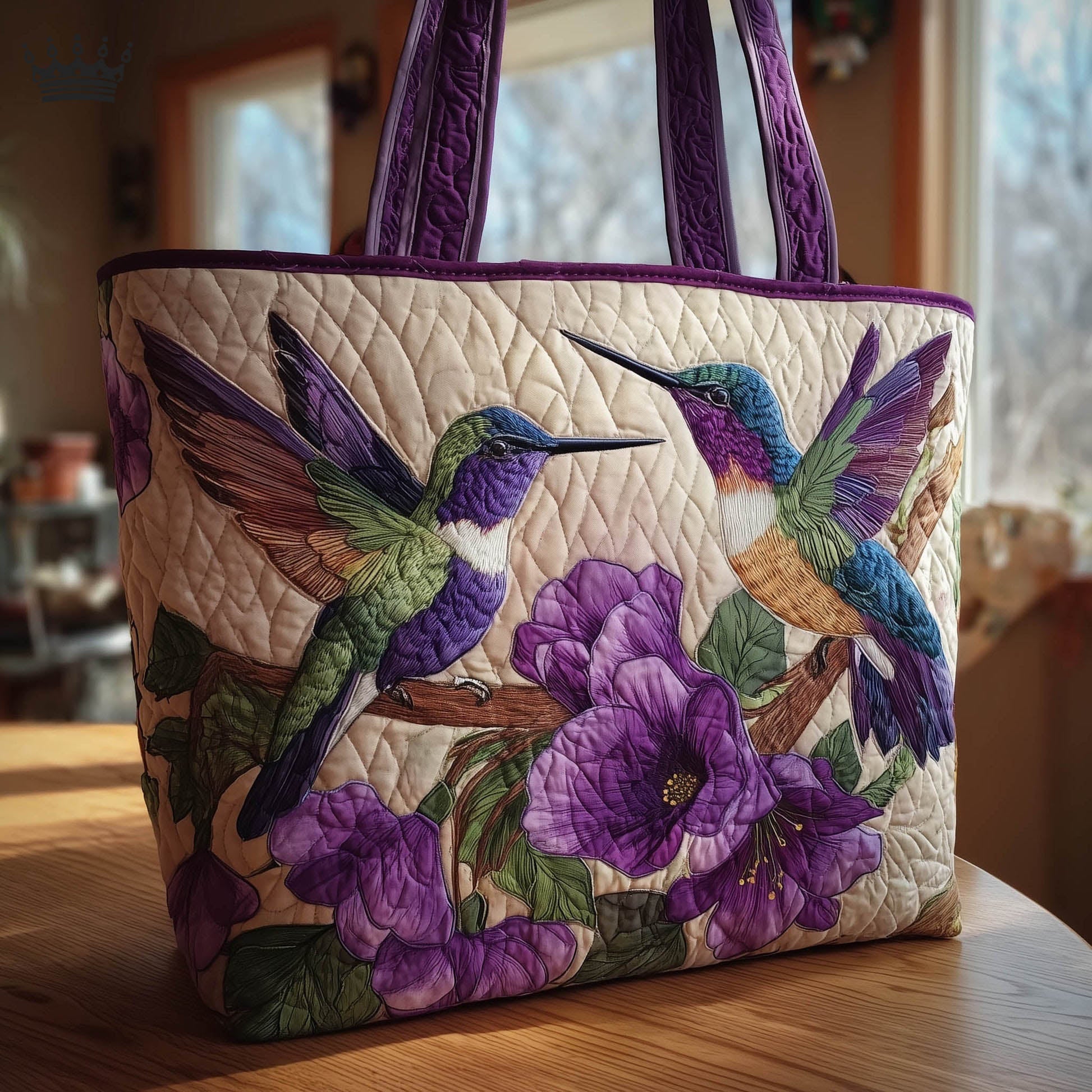Hummingbirds Purple Flowers Quilted Tote