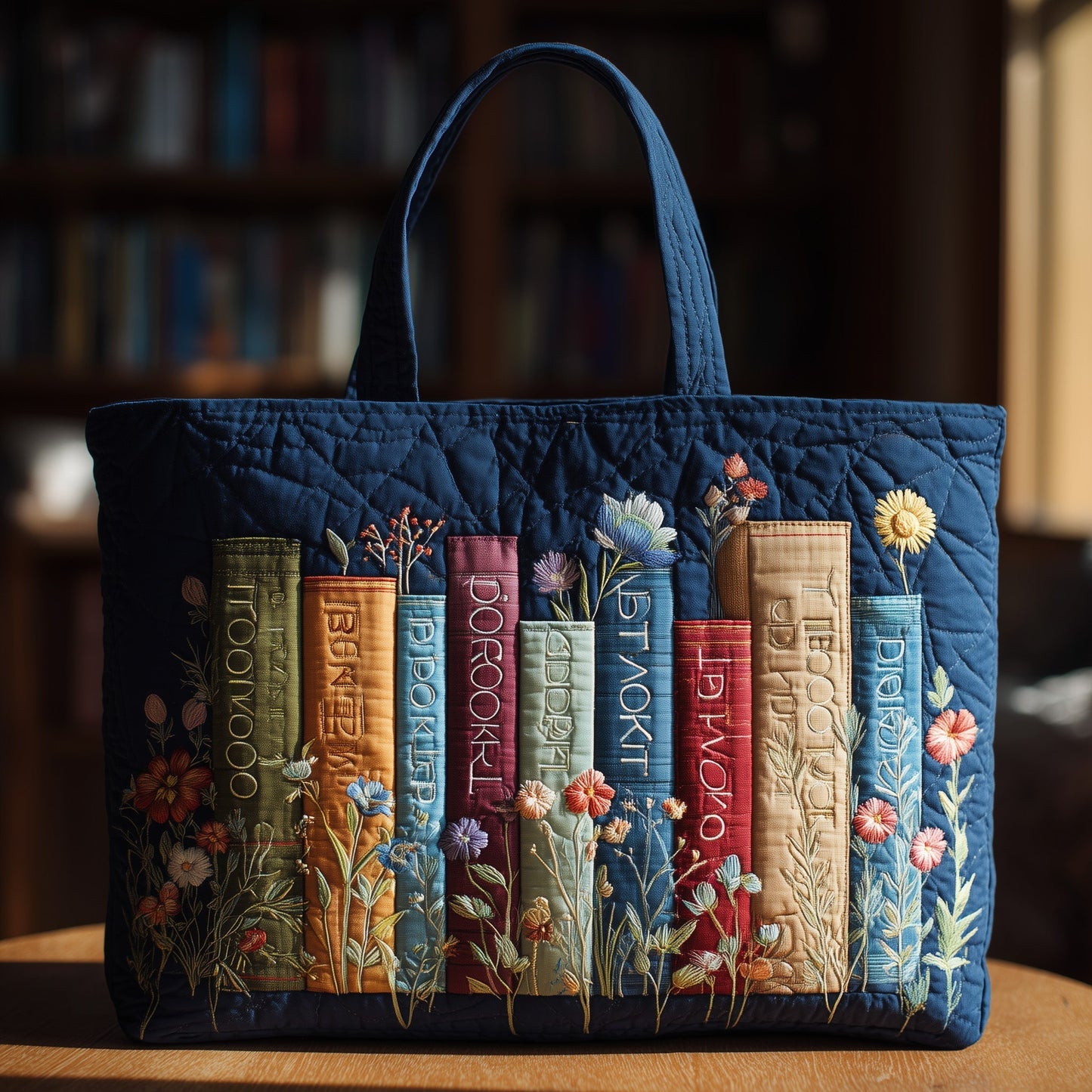 Books Floral Embroidery Tote Bag