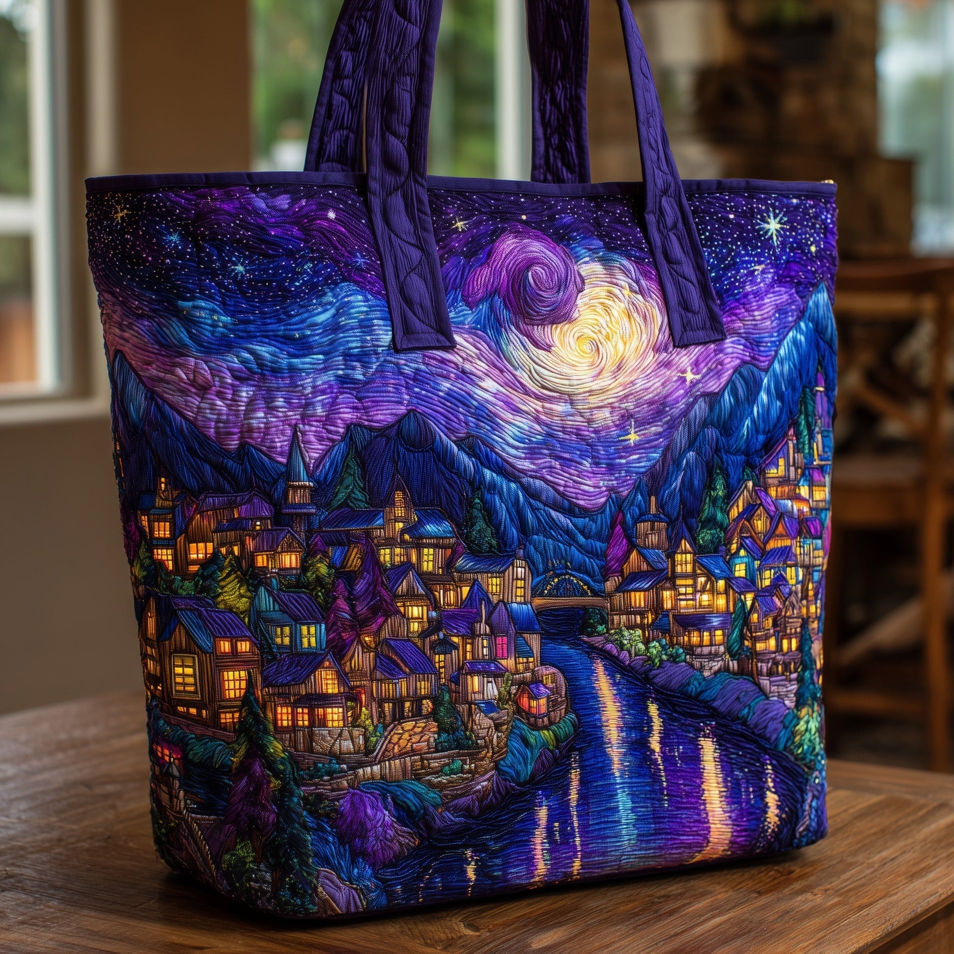 Starry Night Village Quilted Tote