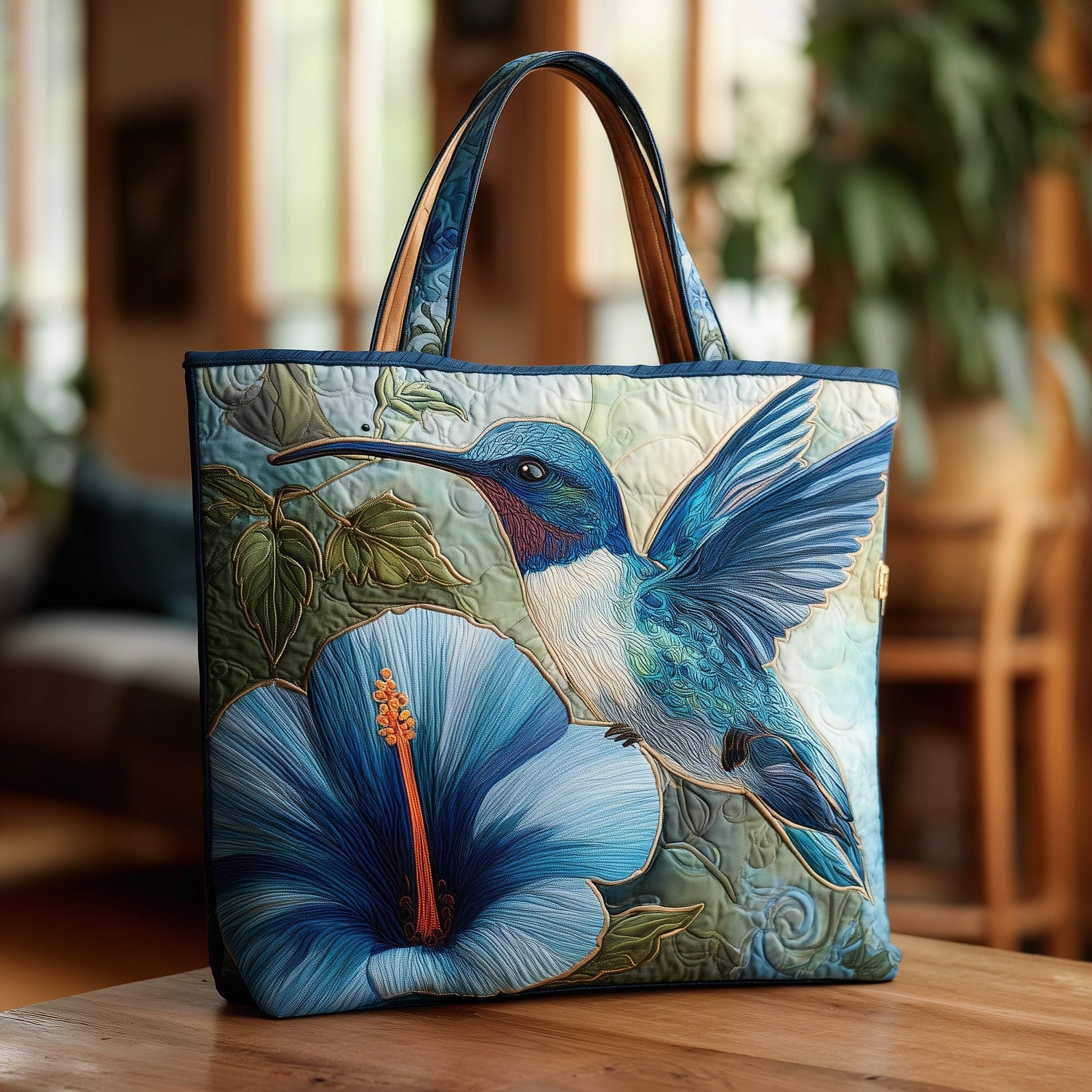 Hummingbird Blue Flowers Quilted Tote