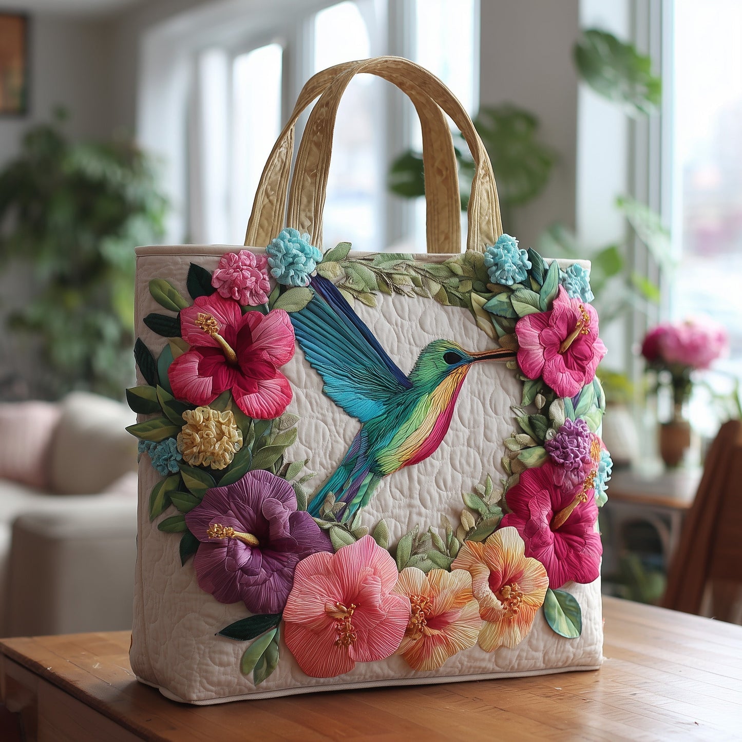 Colorful Hummingbird Flowers Quilted Tote