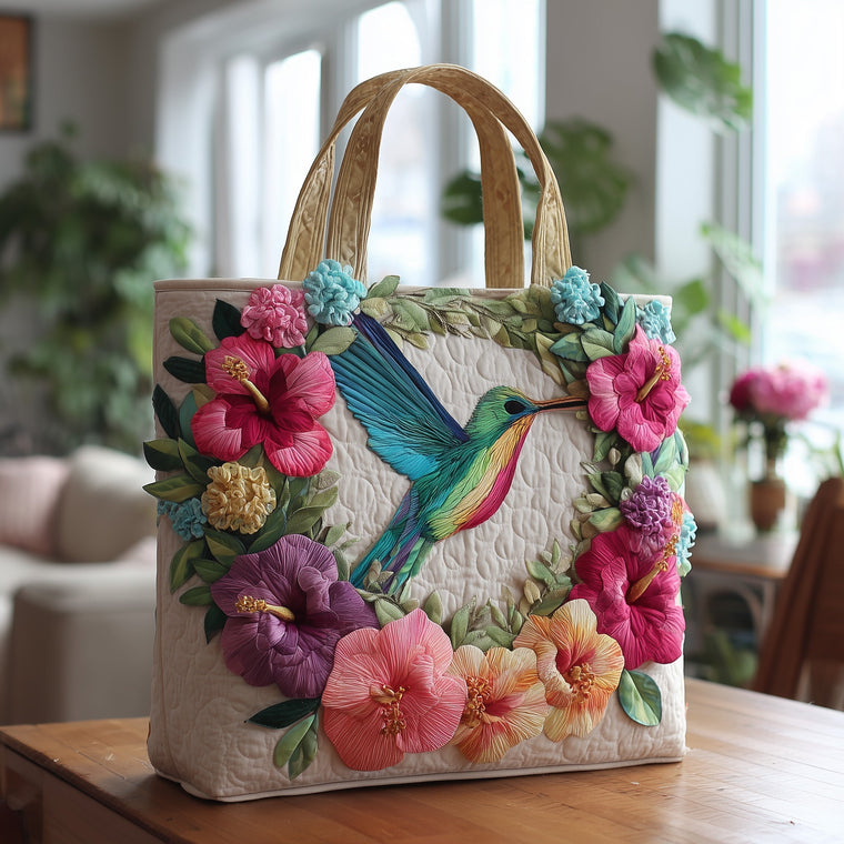 Colorful Hummingbird Flowers Quilted Tote