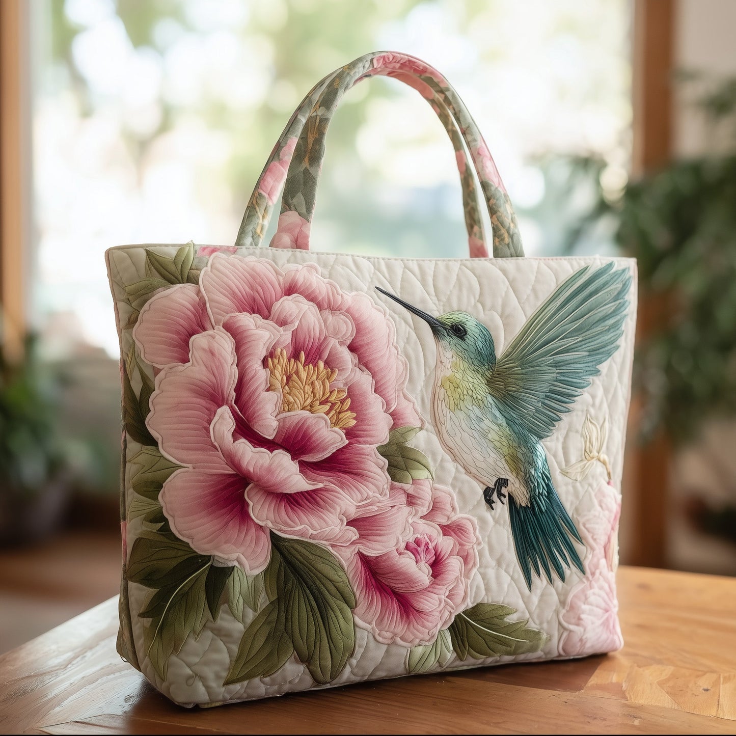 Everyday Hummingbird Peonies Quilted Tote