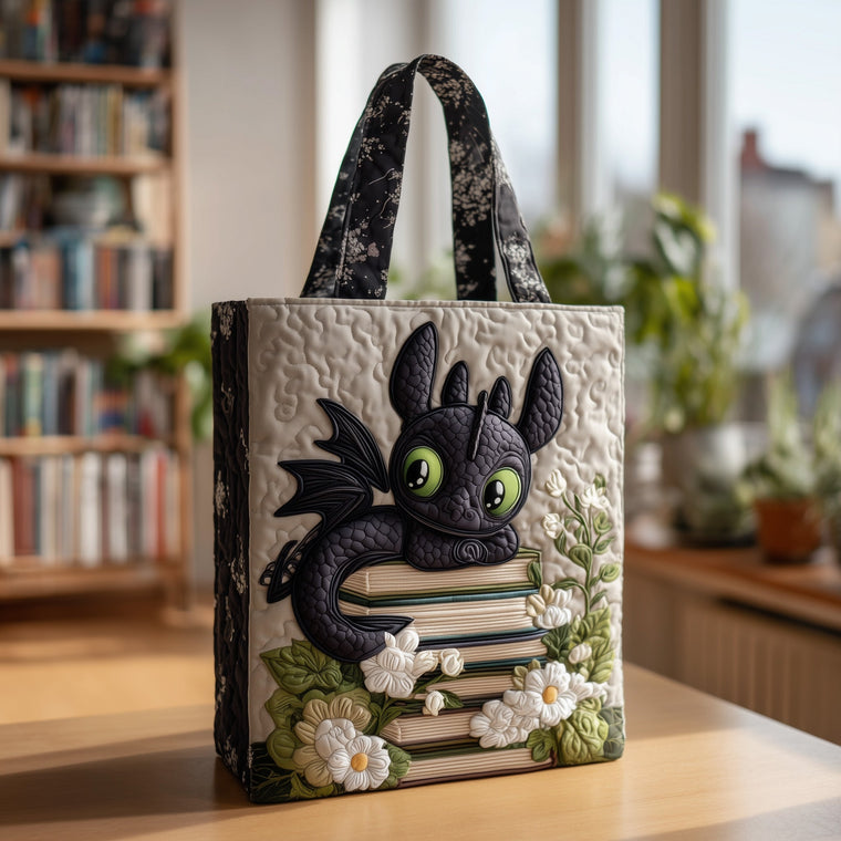 Book Dragon Illustration Quilted Tote