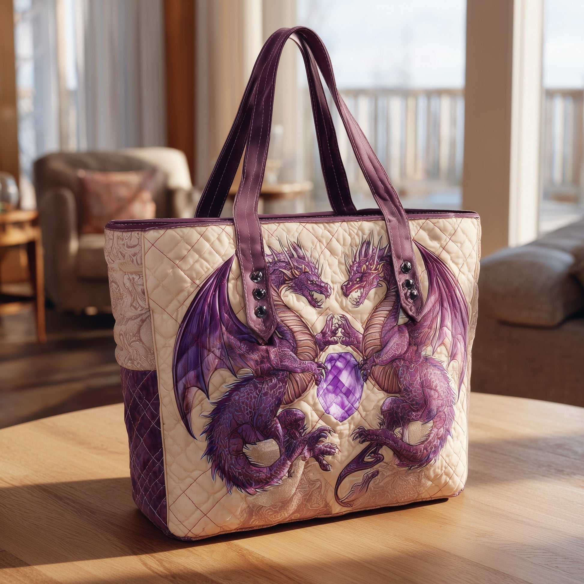 Purple Twin Dragons Quilted Tote