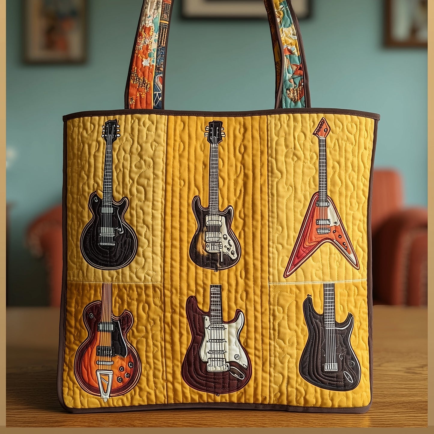 Guitars On Yellow Quilt Quilted Tote
