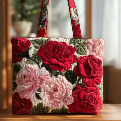 Red Pink Roses Quilted Tote