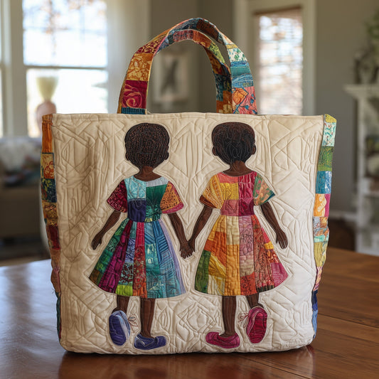 Two Girls Holding Hands Quilted Tote