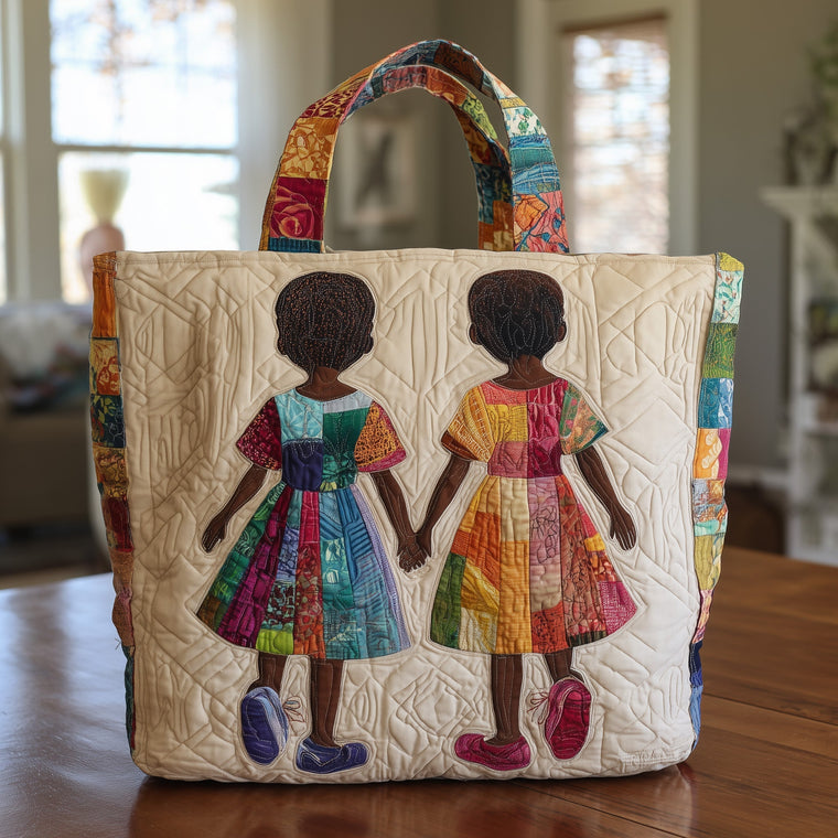 Two Girls Holding Hands Quilted Tote