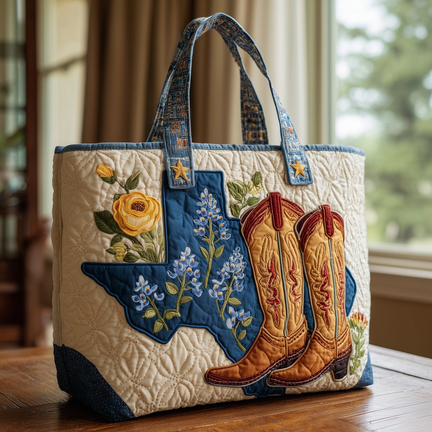Texas Map Floral Embroidery Quilted Tote
