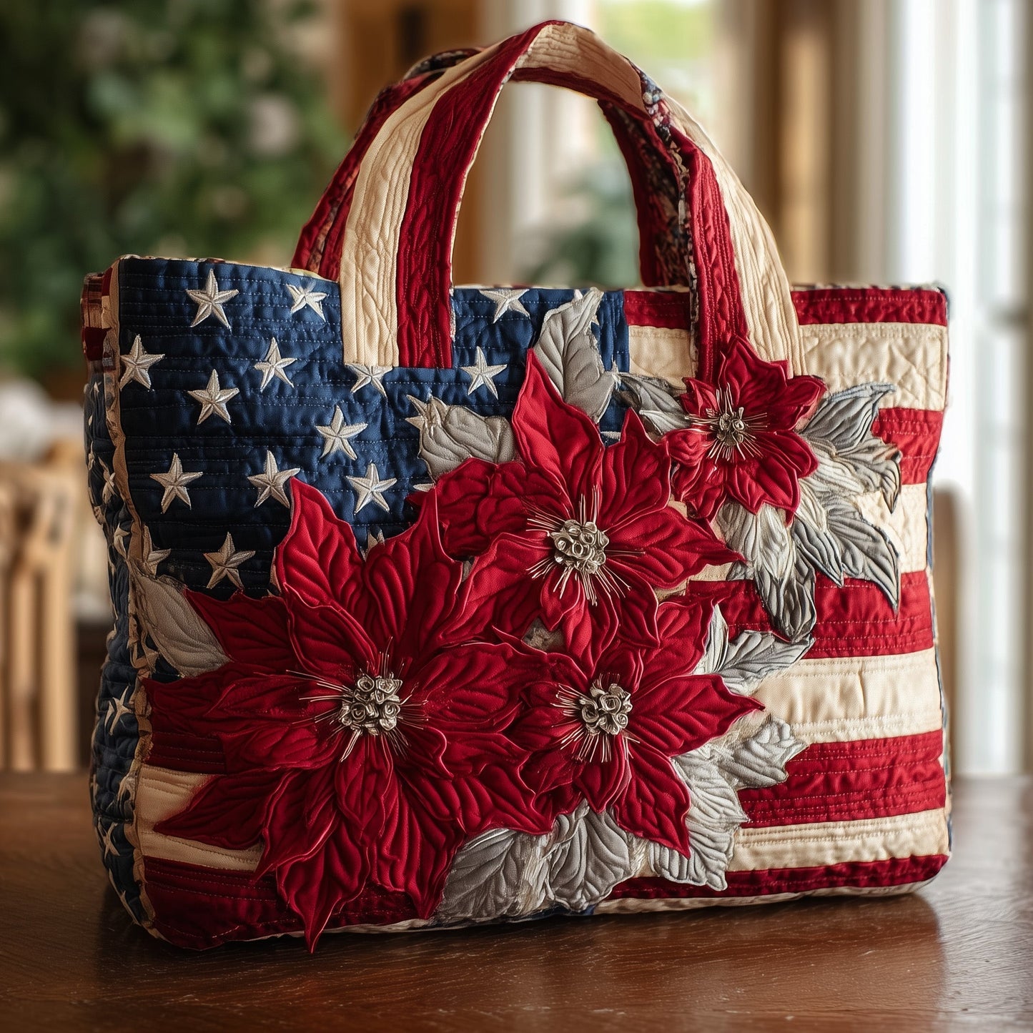 Stars Poinsettia Flowers Quilted Tote