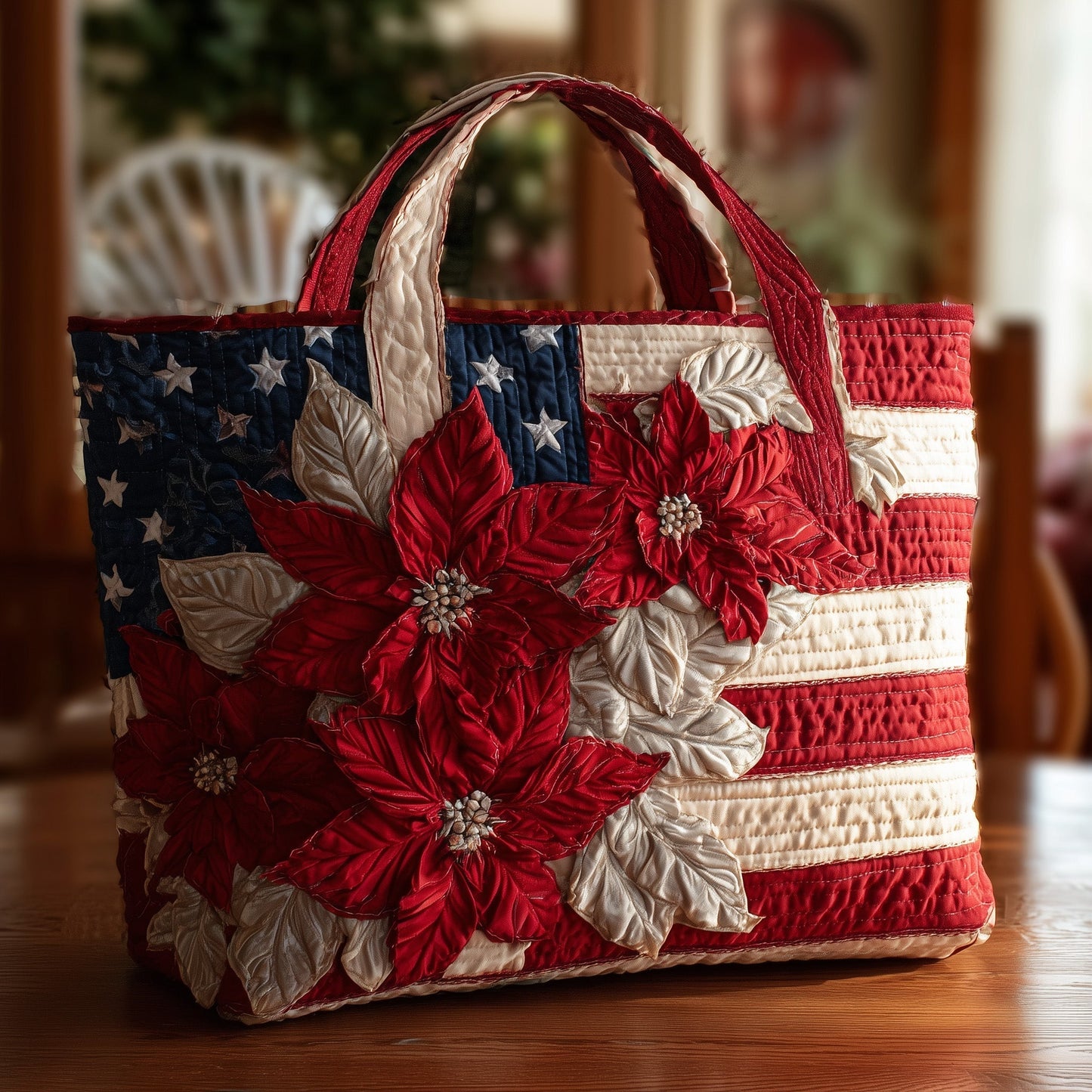 Everyday Poinsettia Stars Quilted Tote