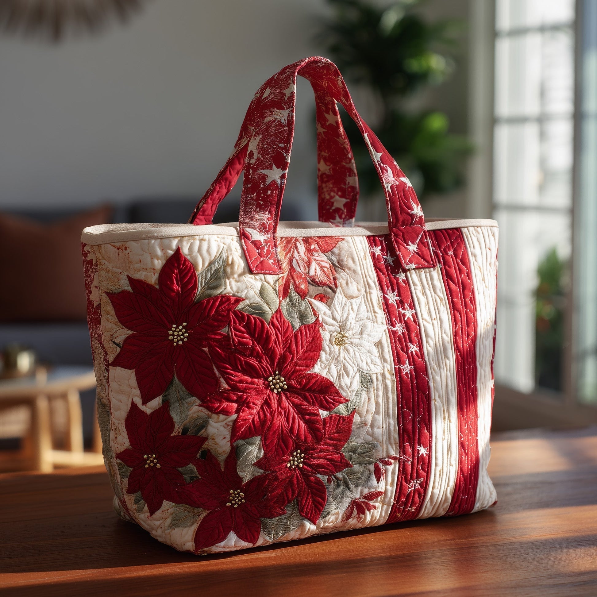 Everyday Poinsettia Flowers Quilted Tote