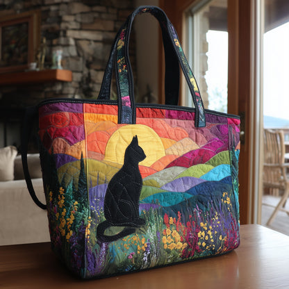 Black Cat Silhouette Sunset Quilted Tote