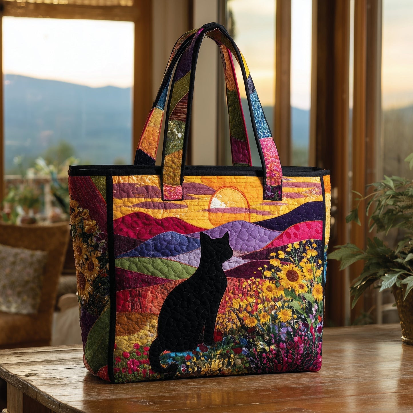 The Cat In Sunset Quilted Tote