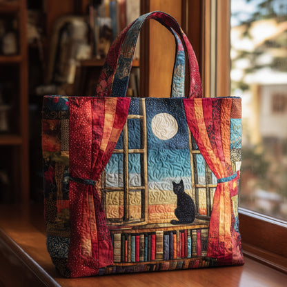 Black Cat Window Scene Quilted Tote