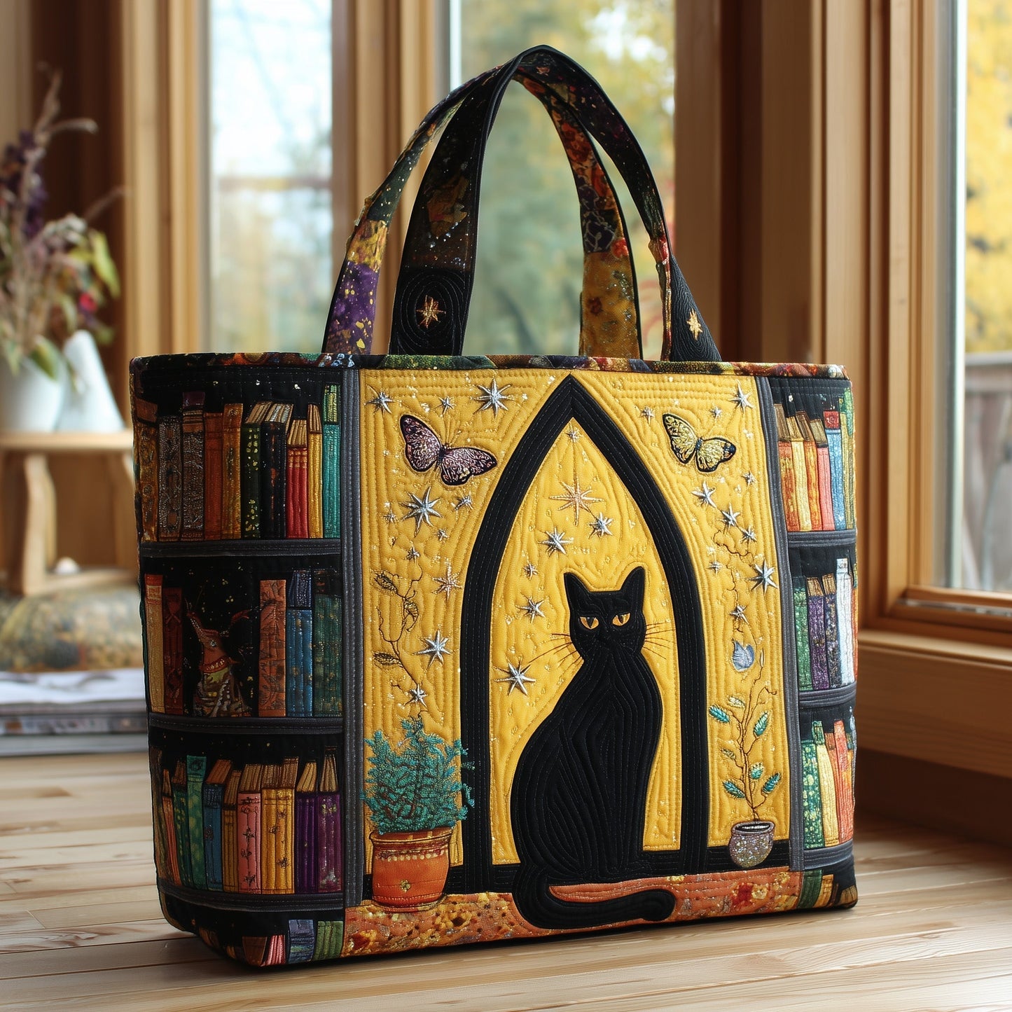 Black Cat Illustration Quilted Tote