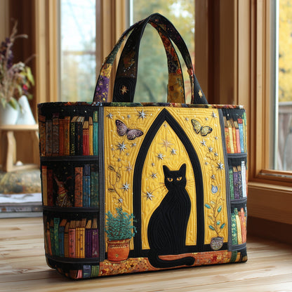 Black Cat Illustration Quilted Tote