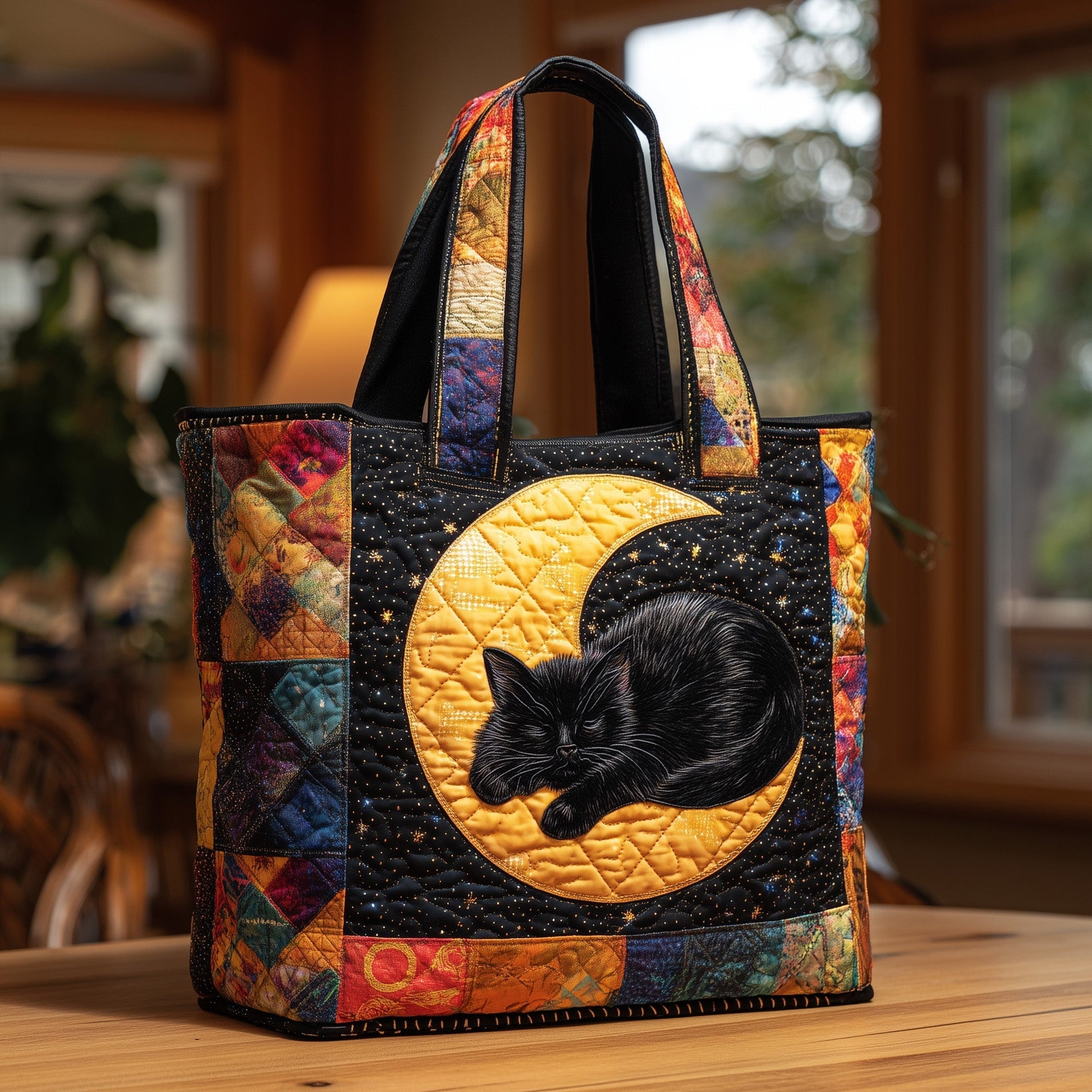 Black Cat Moon Quilted Tote