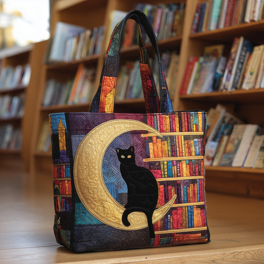 Black Cat On Crescent Quilted Tote
