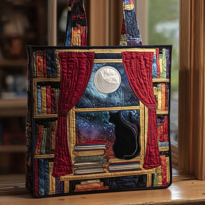 Black Cat Moon Bookshelf Quilted Tote