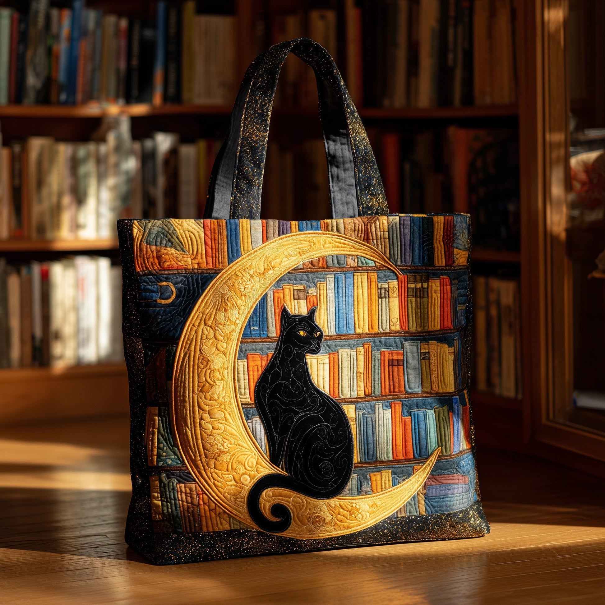Black Cat Moon Library Quilted Tote