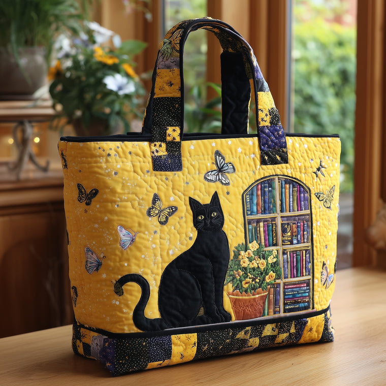 Black Cat Books Butterflies Quilted Tote
