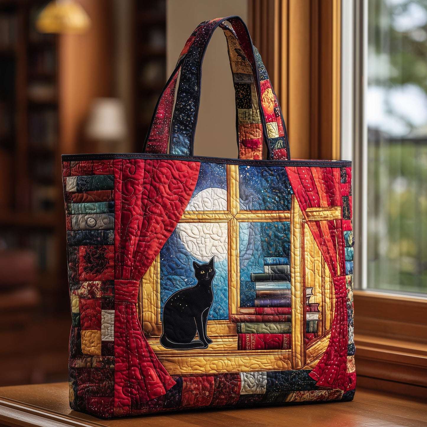 Black Cat Window Scene Tote Bag