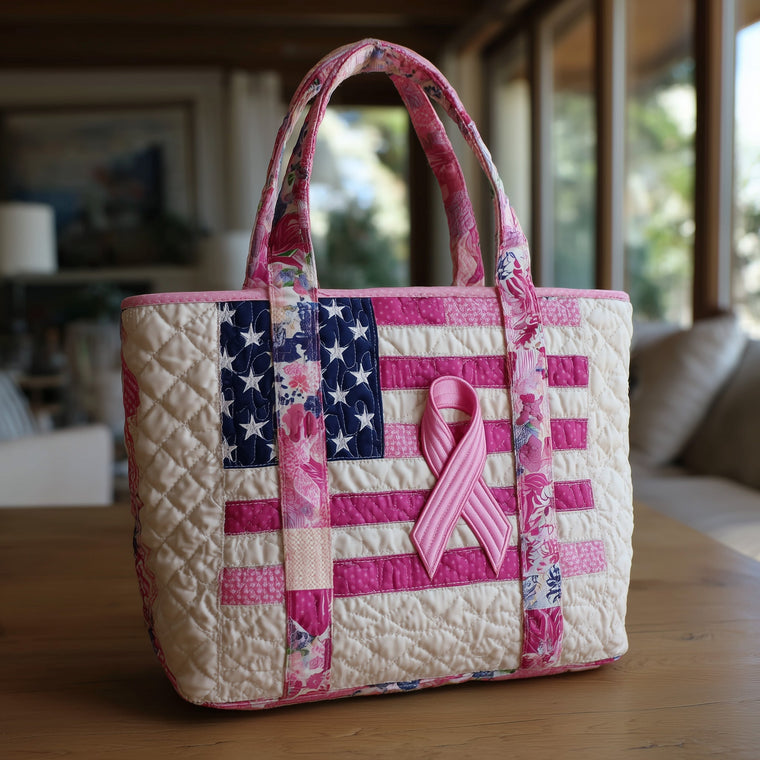 Pink Ribbon American Flag Quilted Tote
