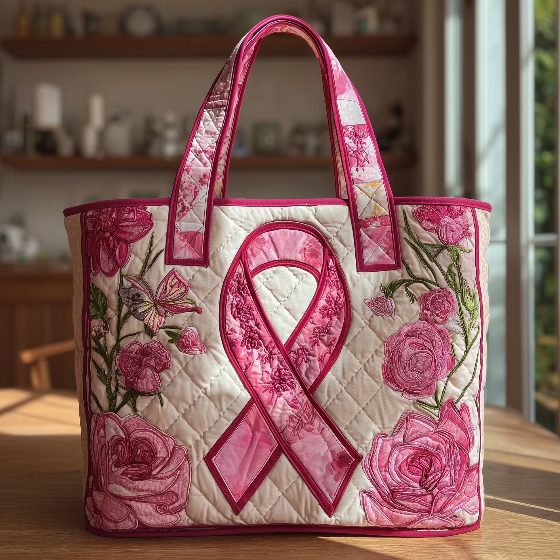 Pink Ribbon Floral Tote Bag