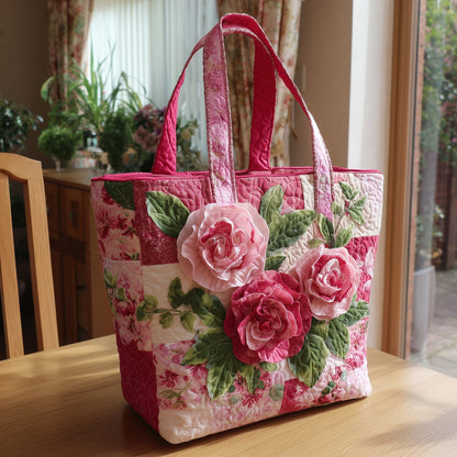 Pink Floral Roses Quilted Tote