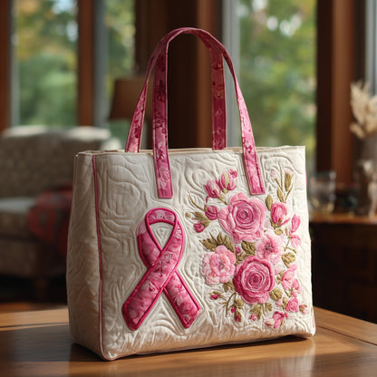 Pink Ribbon Floral Embroidery Quilted Tote