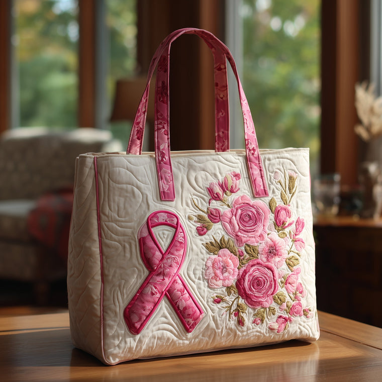 Pink Ribbon Floral Embroidery Quilted Tote