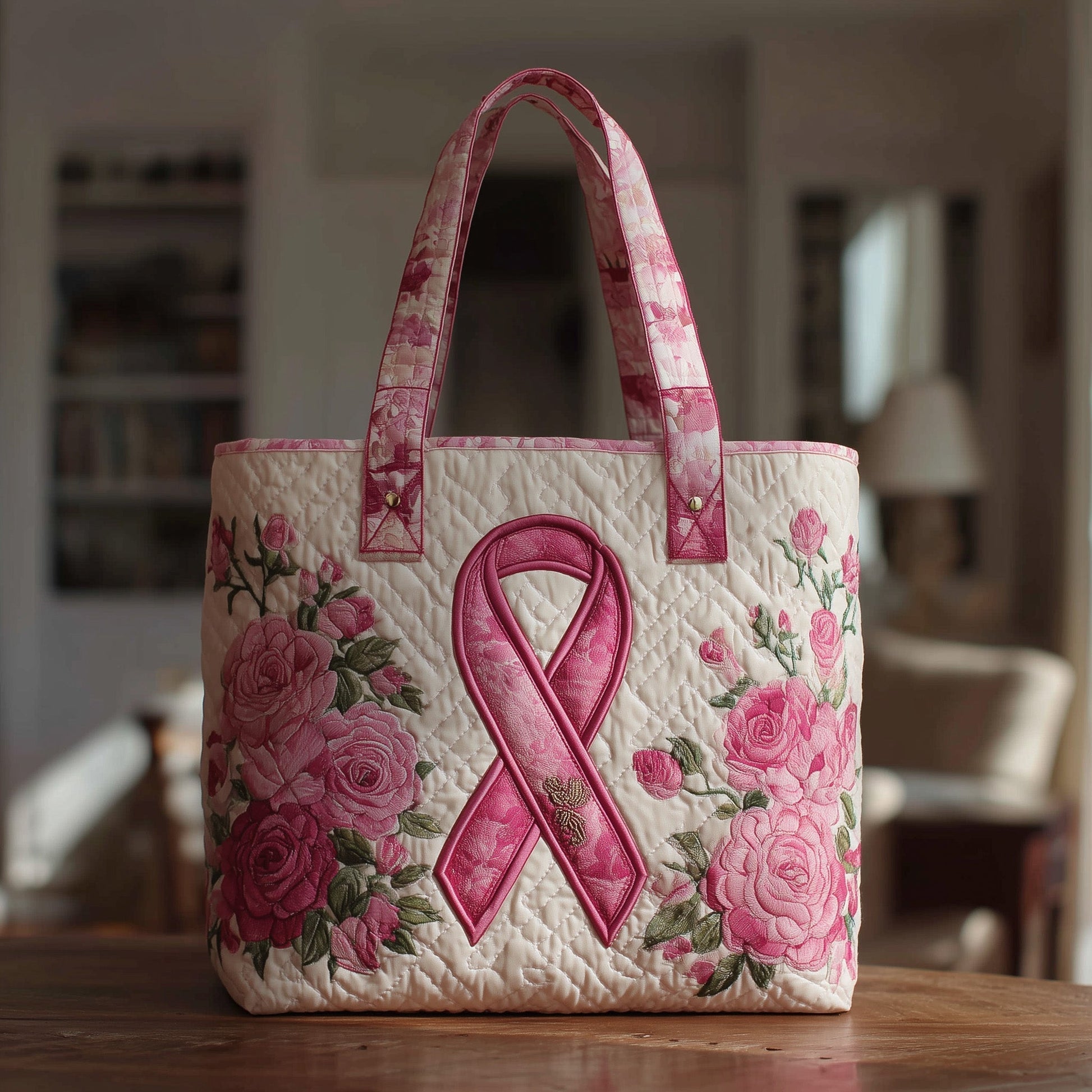 Pink Ribbon Floral Quilted Tote