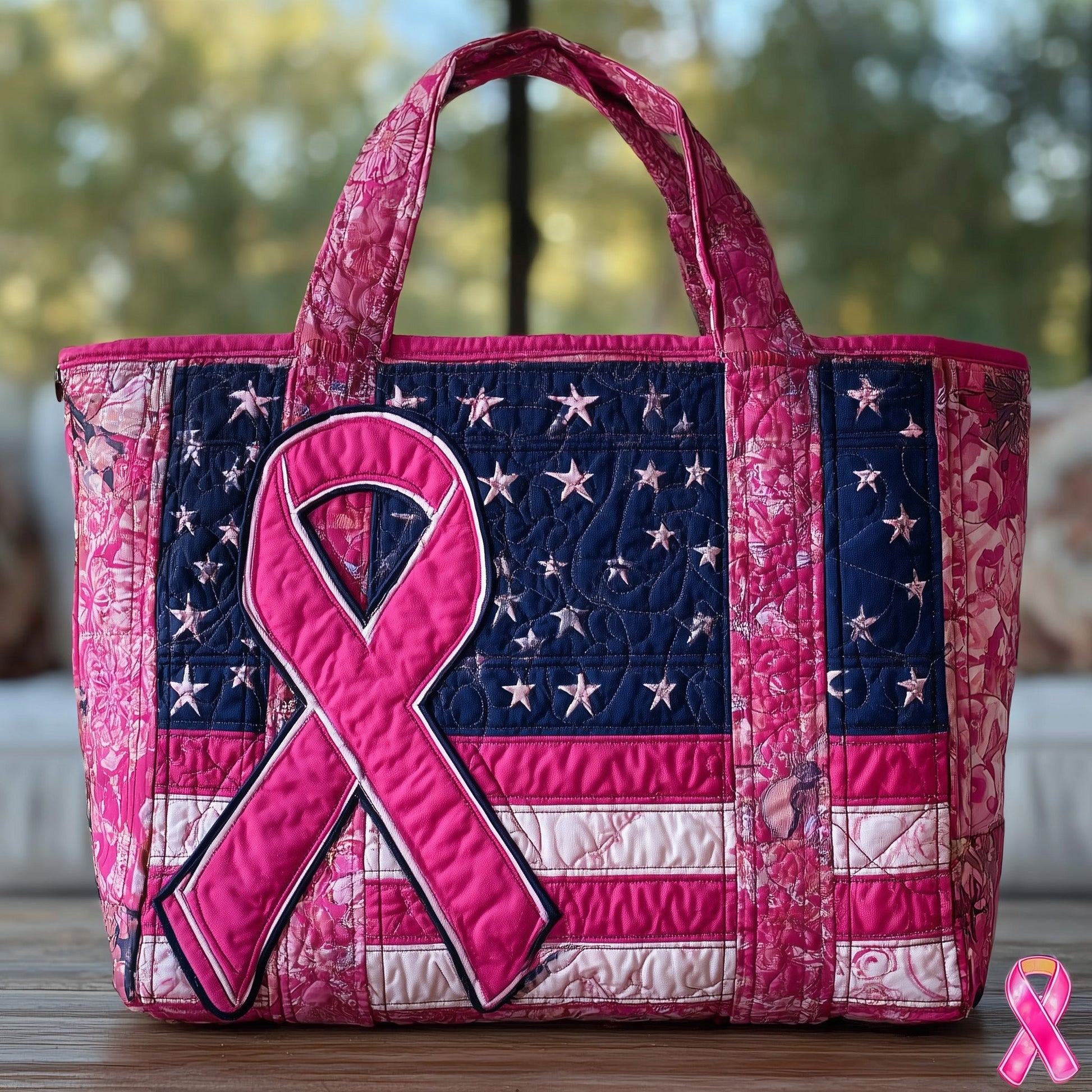 Pink Ribbon Stars Quilted Tote
