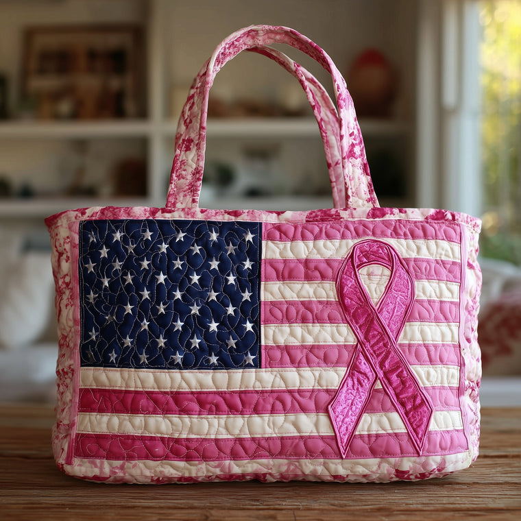 Pink Ribbon American Flag Tote Bag
